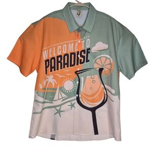Hardaddy Button Up Shirt Mens Medium Orange Green Welcome To Paradise Tropical